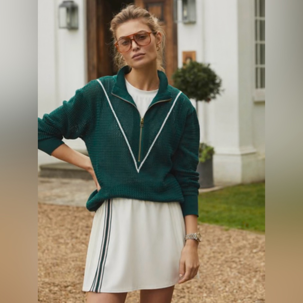 Varley Green Half-Zip Textured Sweater with White Trim